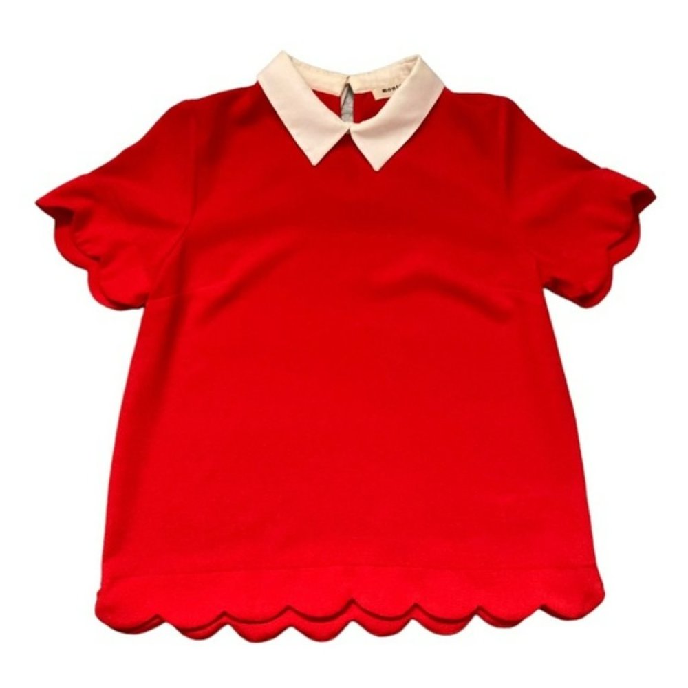 Monteau scalloped edge retro collared red blouse